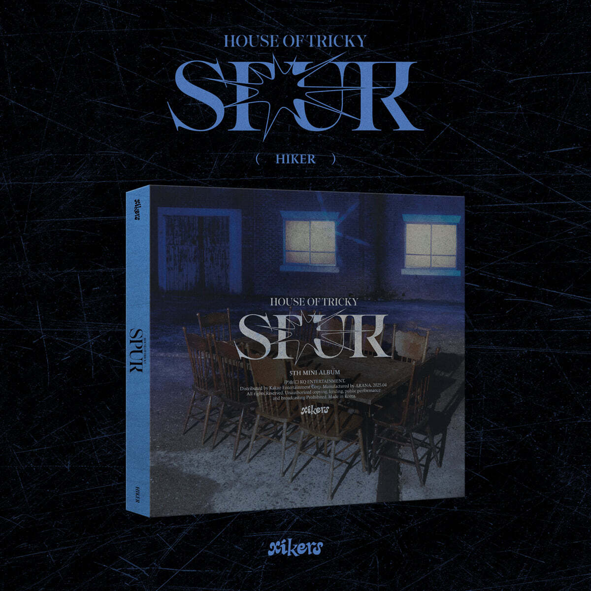 1 version of xiker's 5th mini album house of tricky: spur with a blue box on a black grunge background