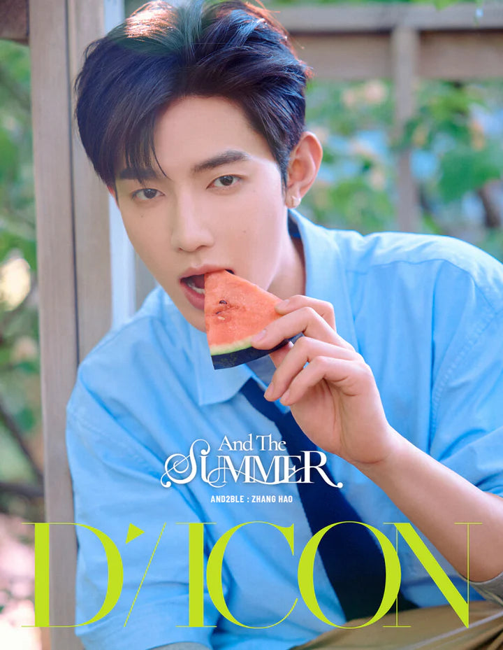 A close-up portrait of a young man wearing a light blue button-up shirt and dark tie, holding a slice of watermelon near his mouth. Large overlaid text reads 'AND THE SUMMER AND2BLE ZHANG HAO' with 'D'ICON' at the bottom