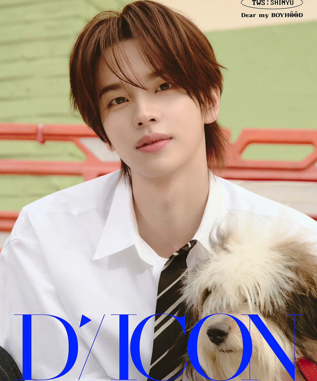 TWS's Shinyu wearing a white shirt with a dog on a colorful background, featuring the brand 'D'ICON'.