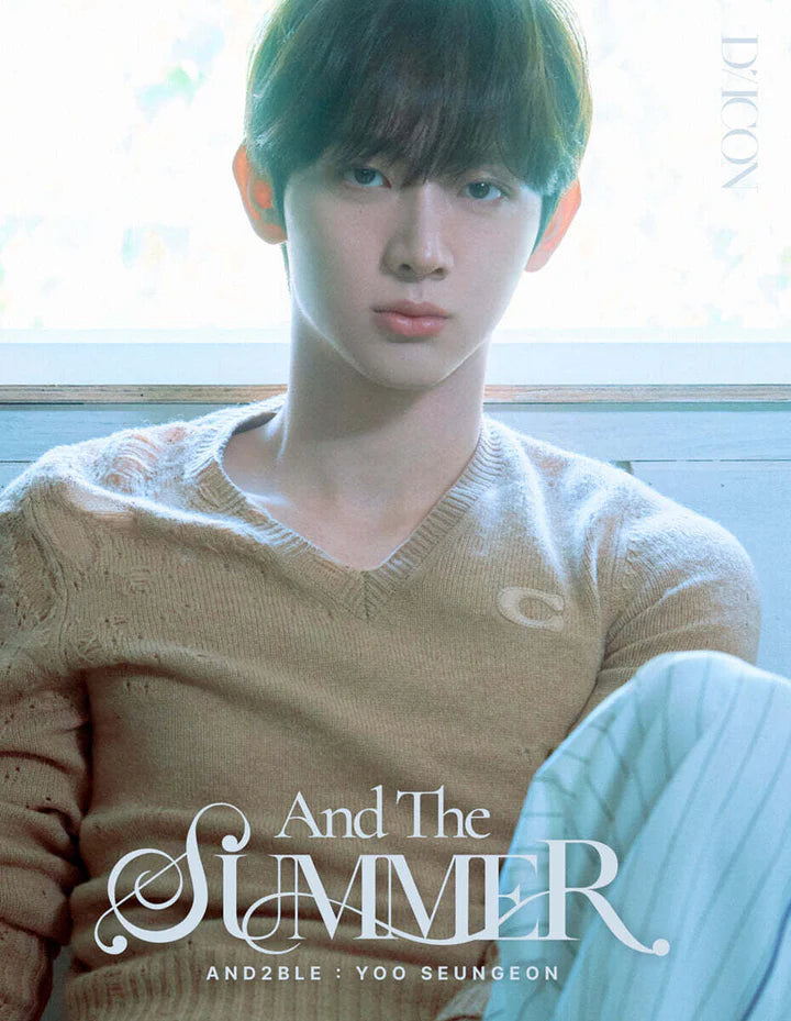 A promotional portrait of Yoo Seungeon from the group AND2BLE, wearing a beige knit v-neck sweater. The text 'And The SUMMER' and 'AND2BLE : YOO SEUNGEON' are overlaid at the bottom, and 'D'ICON' is visible on the top right.