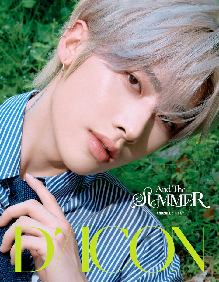A person in a blue and white striped button-down shirt with a dark tie, posing outdoors against a green foliage background. Prominent text overlays read 'And The SUMMER AND2BLE RICKY'.