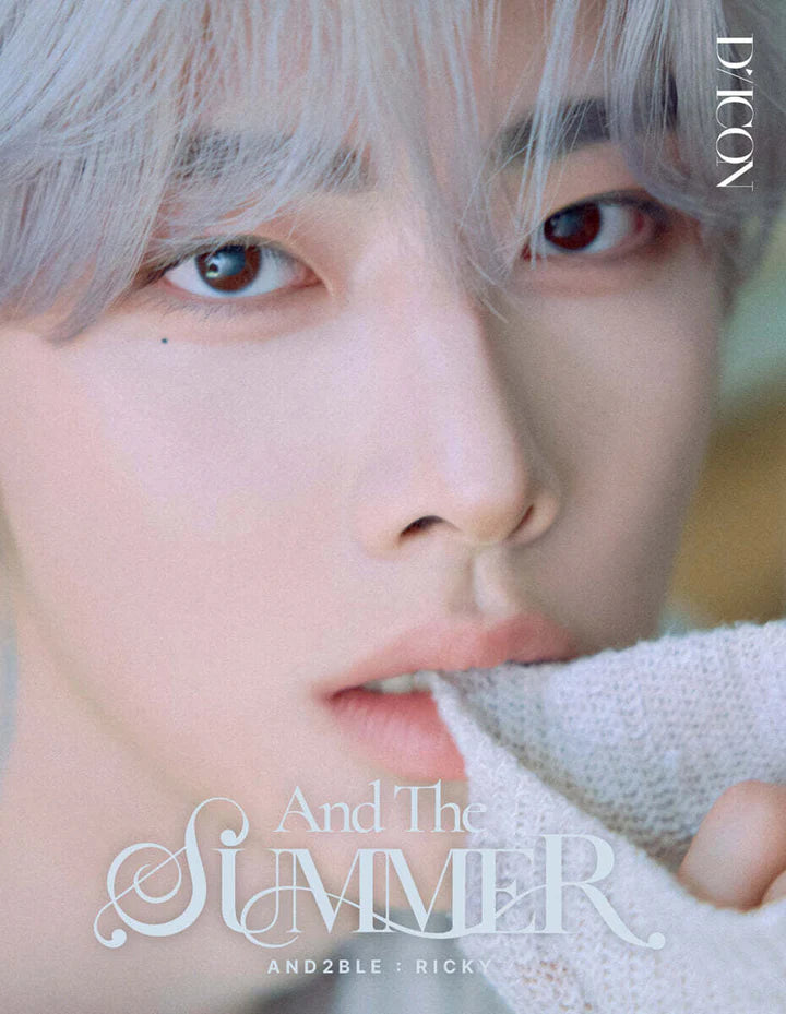 Close-up portrait of a person with very light silver hair holding a white knit fabric near their mouth, with the text 'And The SUMMER' and 'AND2BLE: RICKY' overlaid, plus 'DICON' vertically on the right.