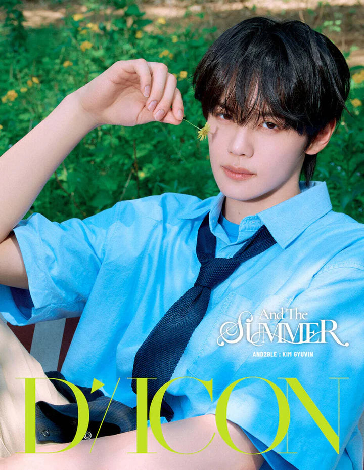 A young man outdoors in a bright blue short-sleeve button-up shirt and dark tie, holding a small yellow flower near his face. Large text at the bottom reads “DICON” and smaller text says 'And The SUMMER AND2BLE KIM GYUVIN'
