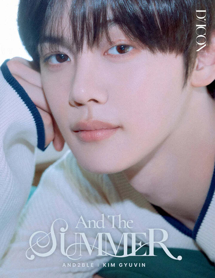 A close-up portrait of a young man with dark hair and light brown eyes, wearing a cream knit sweater with dark navy trim. The image includes the text 'DICON' vertically on the right and 'And The SUMMER AND2BLE - KIM GYUVIN' at the bottom