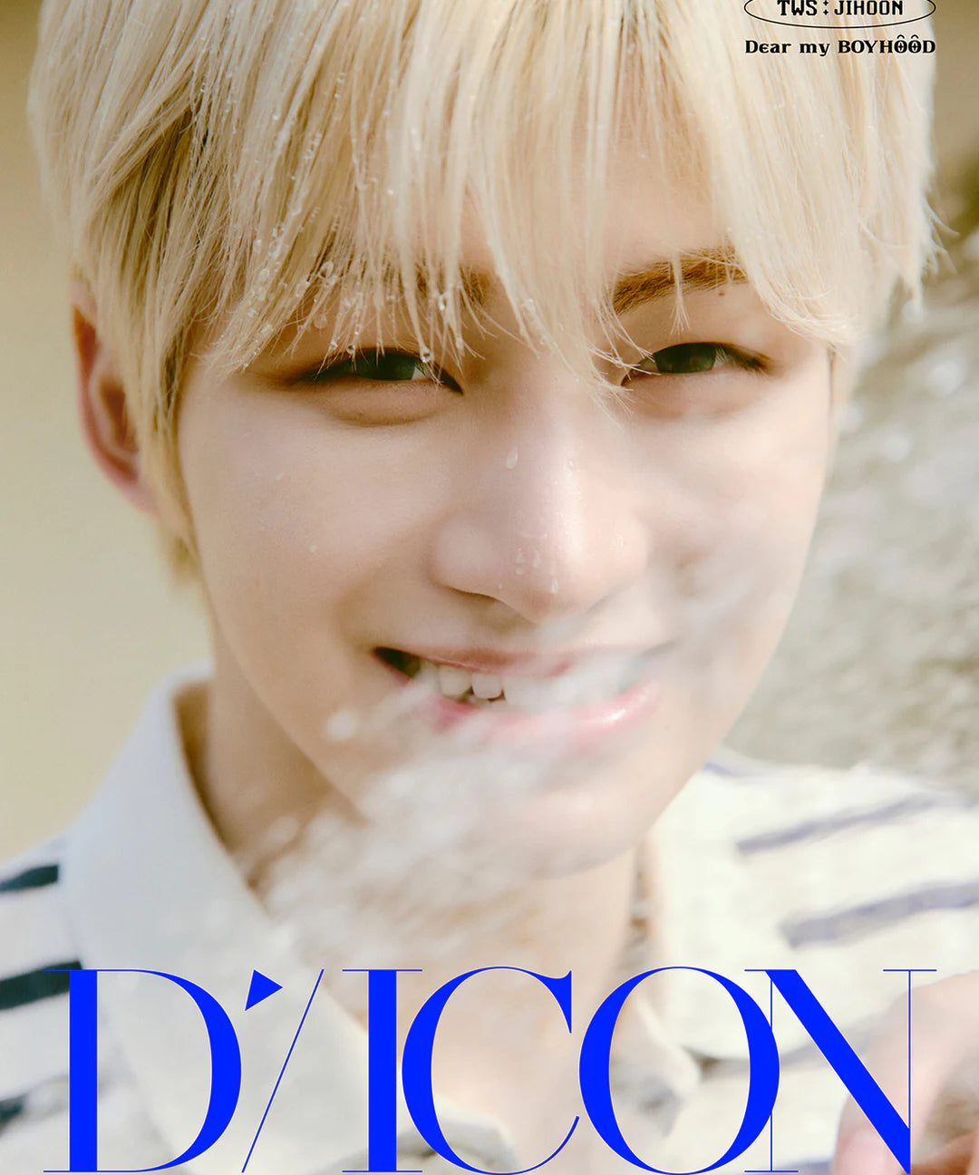 TWS's Jihoon sporting blonde hair and a white shirt, with 'D'Icon' and 'Dear my BOYHOOD' text in the foreground.