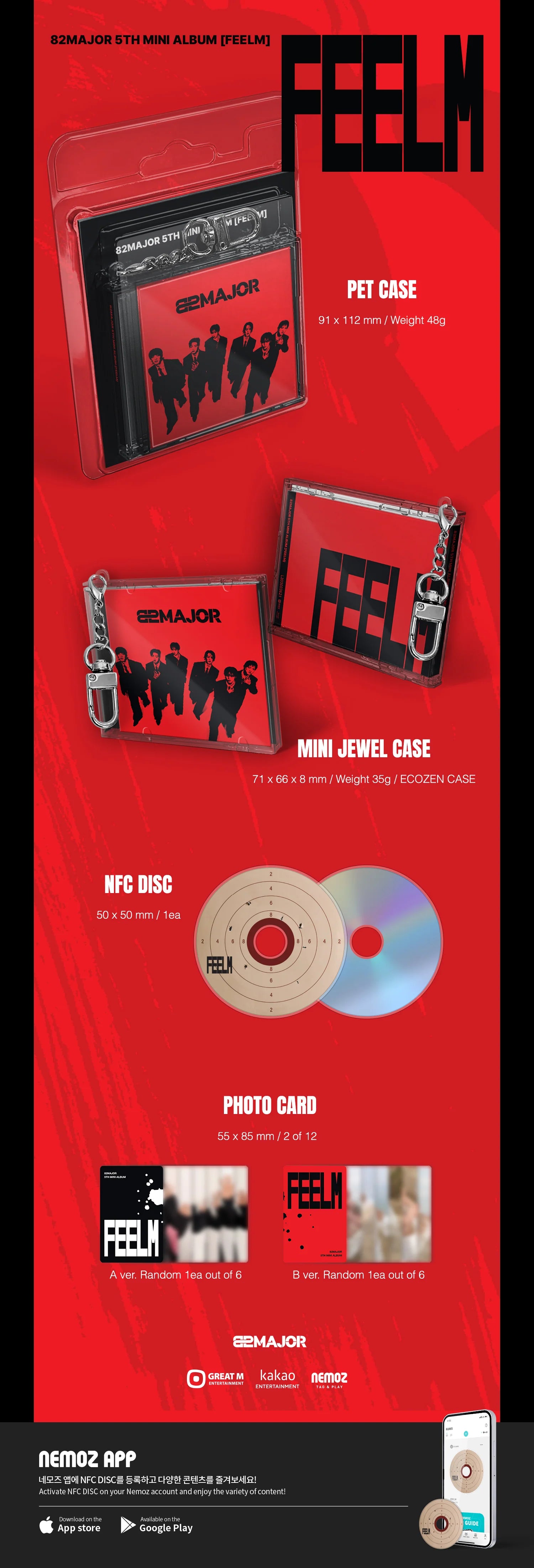 Promotional graphic for 82MAJOR's album packaging featuring 'FEELM' brand on a red background