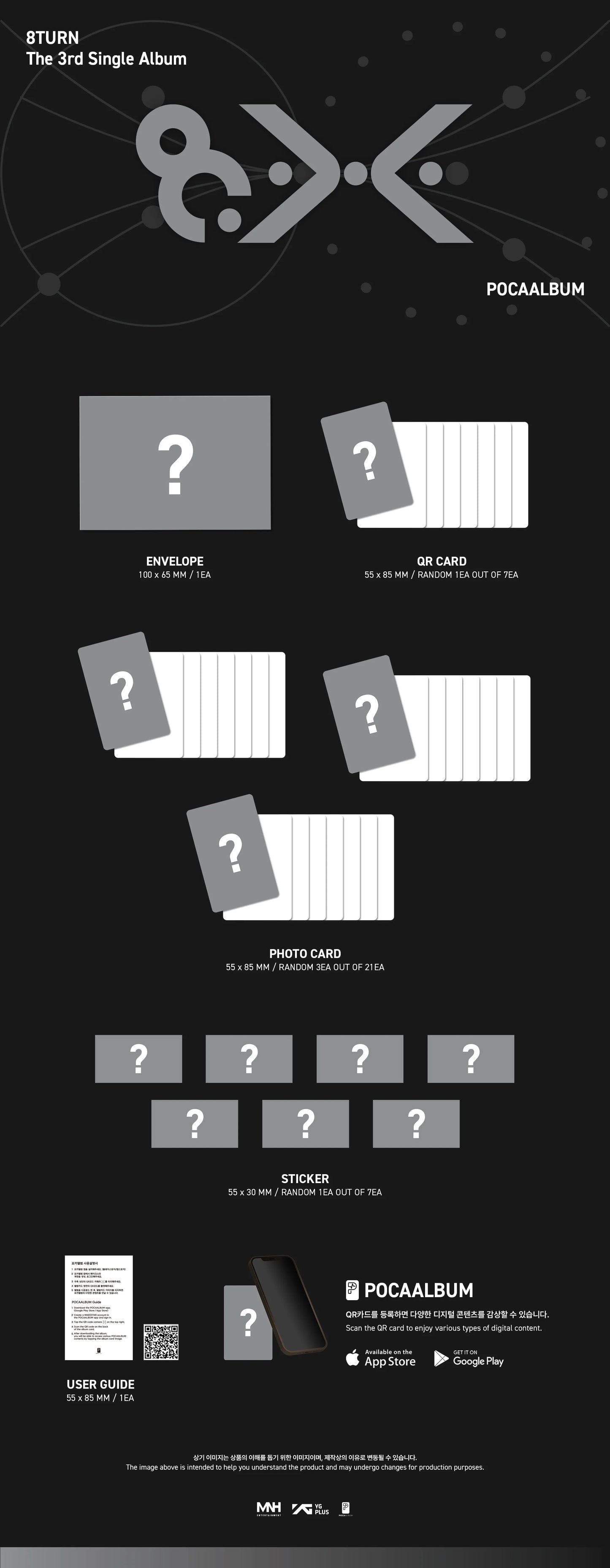 8TURN's album inclusions pictured with question marks and text on a black background