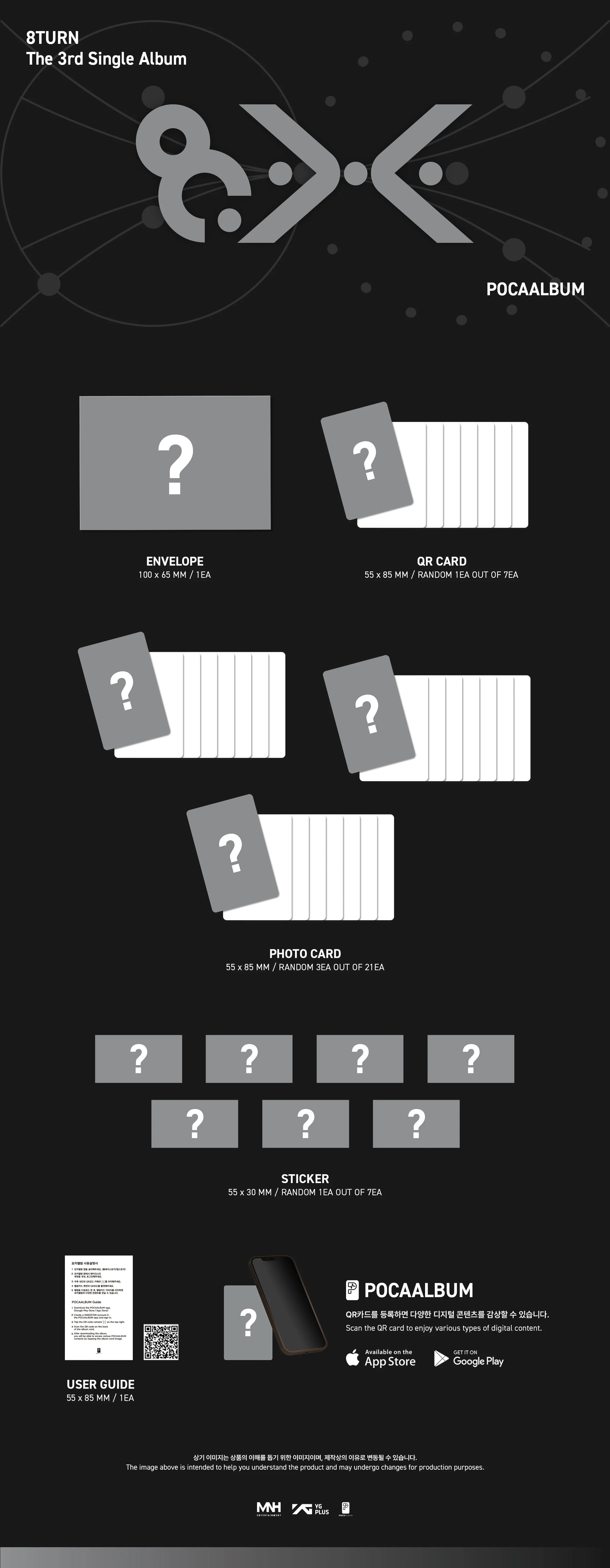 8TURN's album inclusions pictured with question marks and text on a black background