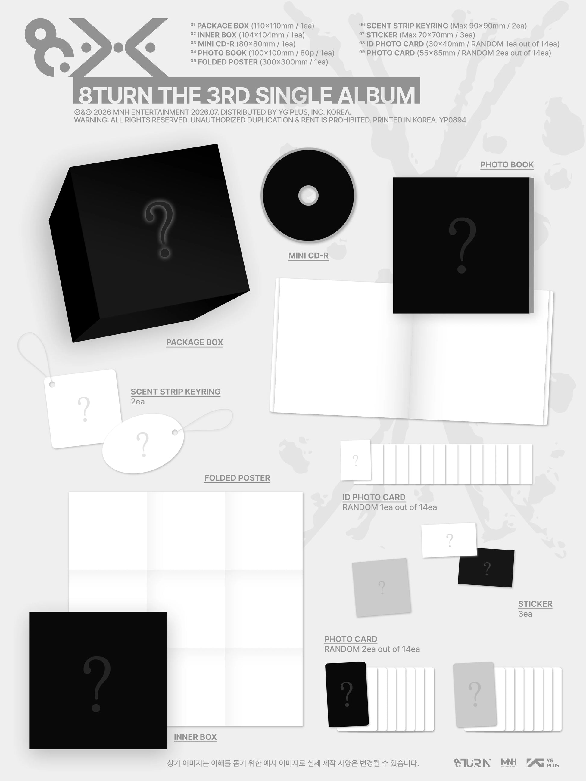 Promotional image of 8TURN's 3rd single album inclusions on a light gray background.