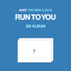 Promotional image for AHOF's 3rd mini album 'Run To You' on a blue background with a white box and question mark.