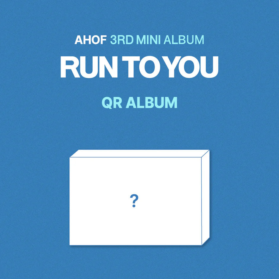 Promotional image for AHOF's 3rd mini album 'Run To You' on a blue background with a white box and question mark.