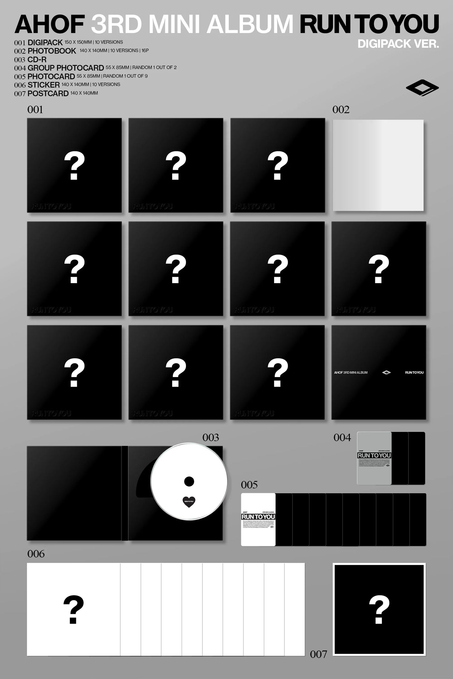 AHOF's 3rd mini album inclusions with black and white design elements and text