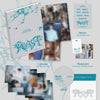 A product layout collage for Alpha Drive One's 2nd Mini Album 'Unbreakable' featuring a CD , sticker, calendar, postcard, and photo cards, all styled on a light gray background with blue line-art illustrations.