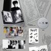 A monochrome product layout for Alpha Drive One's 2nd Mini Album 'Unbreakable - BEAST- Fragile Beast ver.' showing the CD case, CD, photobook, postcard, hidden photocard and stickers on a gray illustrated background.