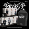 Alpha Drive One's 2nd Mini Album 'Unbreakable - BEAST' hiding ver. packaging display on a black background, featuring white and black boxes with blurred member photos and stylized white logo artwork.