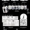 Product inclusions for the ALPHA DRIVE ONE's 2nd mini album featuring the album packaging, sticker, postcard, photocards arranged on a black background.