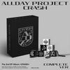 Allday Project Crash Complete Ver. product display featuring a large black box with silver logo, several black and white cube-shaped accessories, and keychains on a light gray background with text overlays.