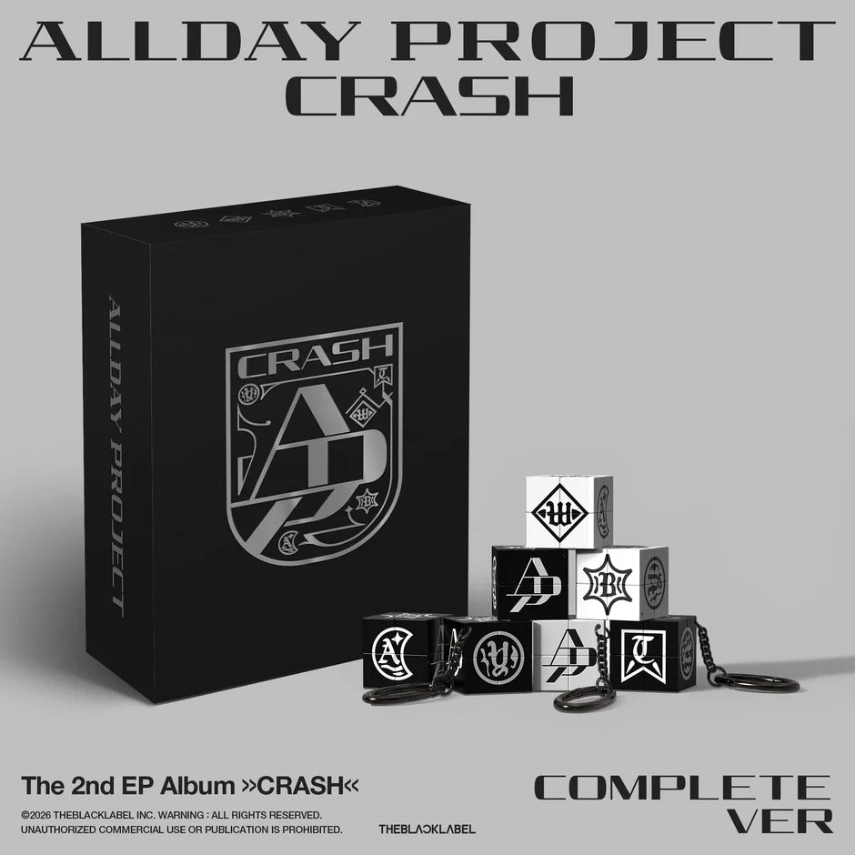 Allday Project Crash Complete Ver. product display featuring a large black box with silver logo, several black and white cube-shaped accessories, and keychains on a light gray background with text overlays.