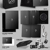 A product collage for the Allday Project 'Crash' complete 2nd EP album, showing multiple included items such as a black outer photobook box, CD-R case, folded poster, cube box, post card, group, unit & individual photocards, sticker sheet, and keychain on a light gray background with text labels.
