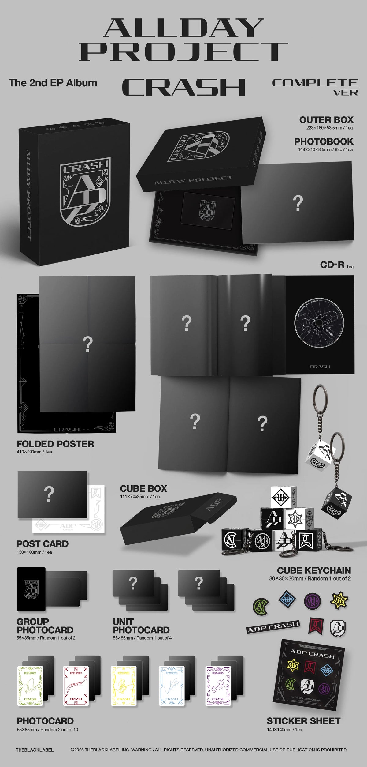 A product collage for the Allday Project 'Crash' complete 2nd EP album, showing multiple included items such as a black outer photobook box, CD-R case, folded poster, cube box, post card, group, unit & individual photocards, sticker sheet, and keychain on a light gray background with text labels.