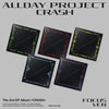 Five black square album packaging boxes arranged on a light gray background, each with a different colored decorative border and the words 'ALLDAY PROJECT CRASH' printed above. Text at the bottom includes 'The 2nd EP Album CRASH' and 'THEBLACKLABEL' with 'FOCUS VER' on the right.