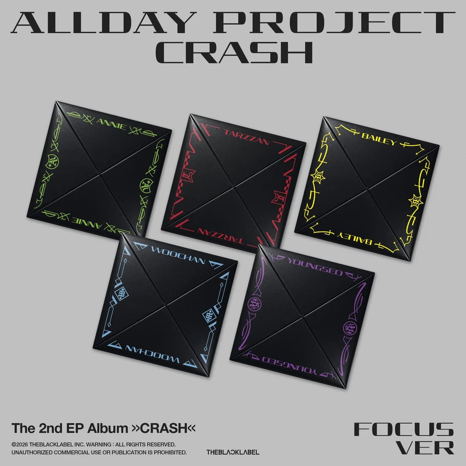 Five black square album packaging boxes arranged on a light gray background, each with a different colored decorative border and the words 'ALLDAY PROJECT CRASH' printed above. Text at the bottom includes 'The 2nd EP Album CRASH' and 'THEBLACKLABEL' with 'FOCUS VER' on the right.