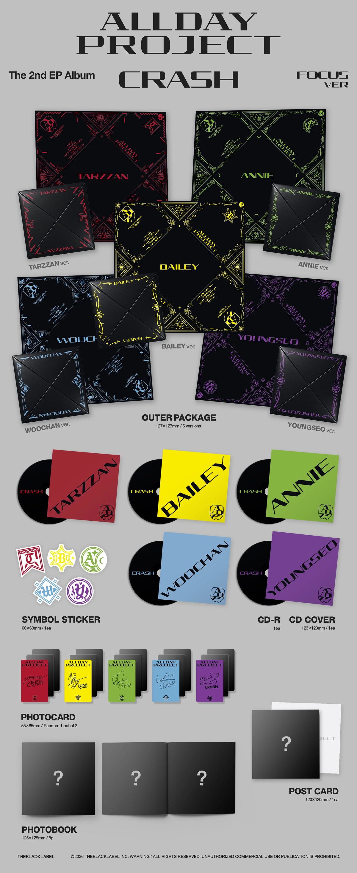 A product information sheet for the All Day Project EP 'Crash' featuring multiple album package views, colored vinyl records, stickers, CD covers, a photocard, and a photobook on a light gray background.