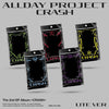 Five packaged music album cards for 'All Day Project' album Crash by The Black Label, shown in a fan layout on a gray background. The cards are black with different neon border colors: green, red, blue, yellow, and purple.