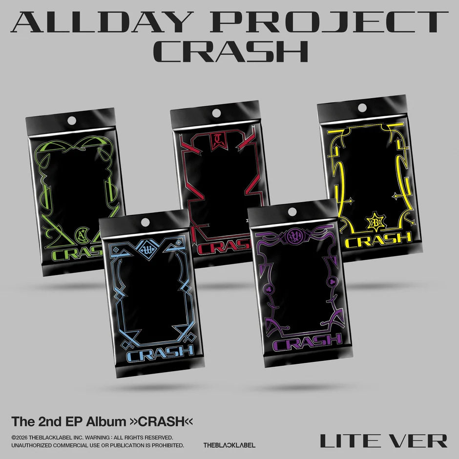 Five packaged music album cards for 'All Day Project' album Crash by The Black Label, shown in a fan layout on a gray background. The cards are black with different neon border colors: green, red, blue, yellow, and purple.