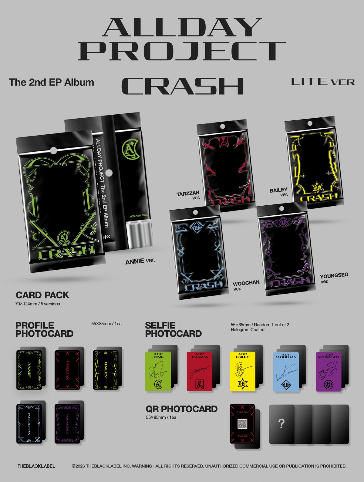 Promotional graphic for the Allday Project's 'Crash' EP album LITE ver, showing multiple packaged card packs, profile and selfie photocards, an QR photocard, and album art on a light gray background.