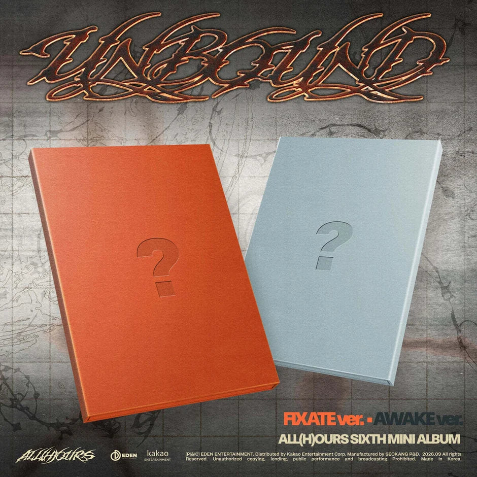 Fixate ver. and Wake ver. of ALL(H)OURS's 6th mini album with blue and orange album covers
