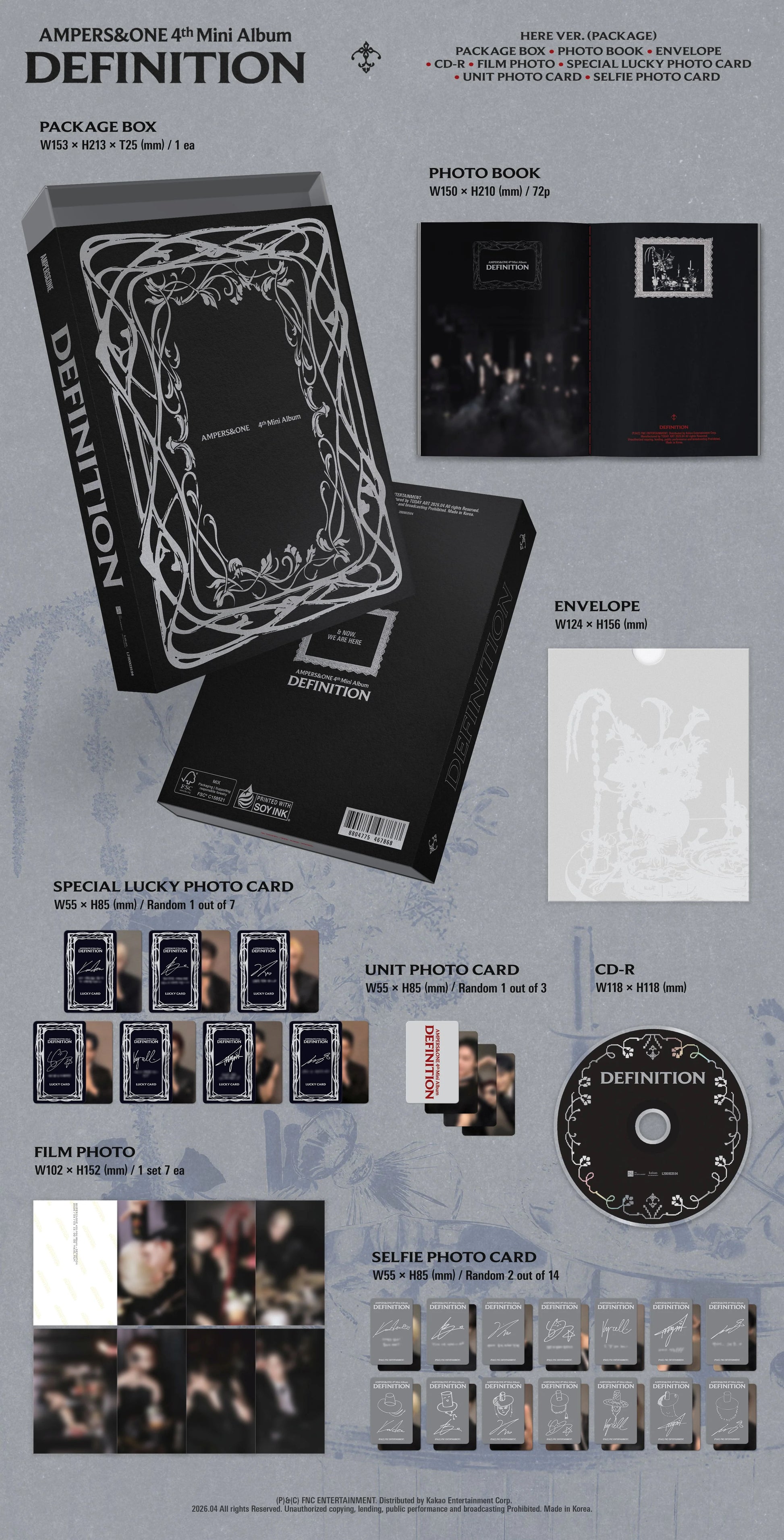 Promotional image of Ampers&One 4th Mini Album 'Definition' with packaging and included items.