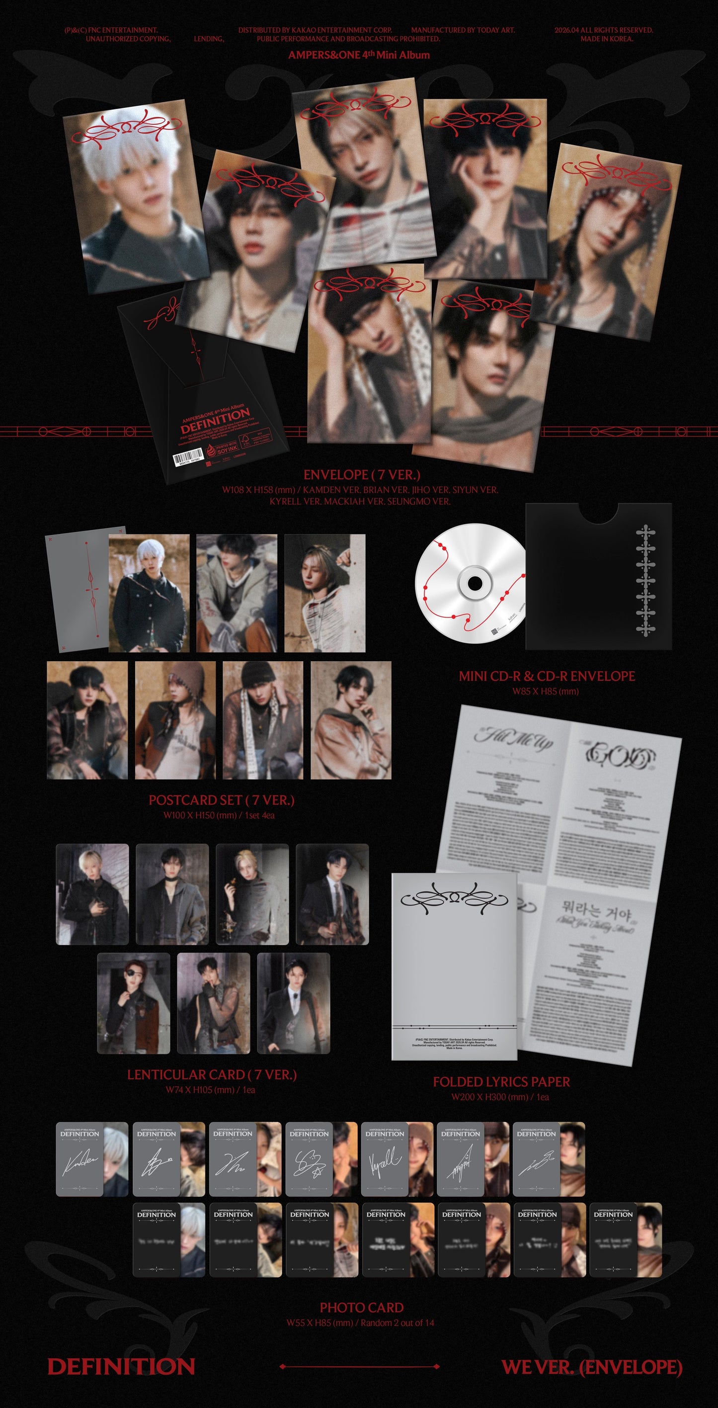 Promotional image of Ampers&One 4th Mini Album 'Definition' with multiple images of the members, a CD, and printed materials on a black background.