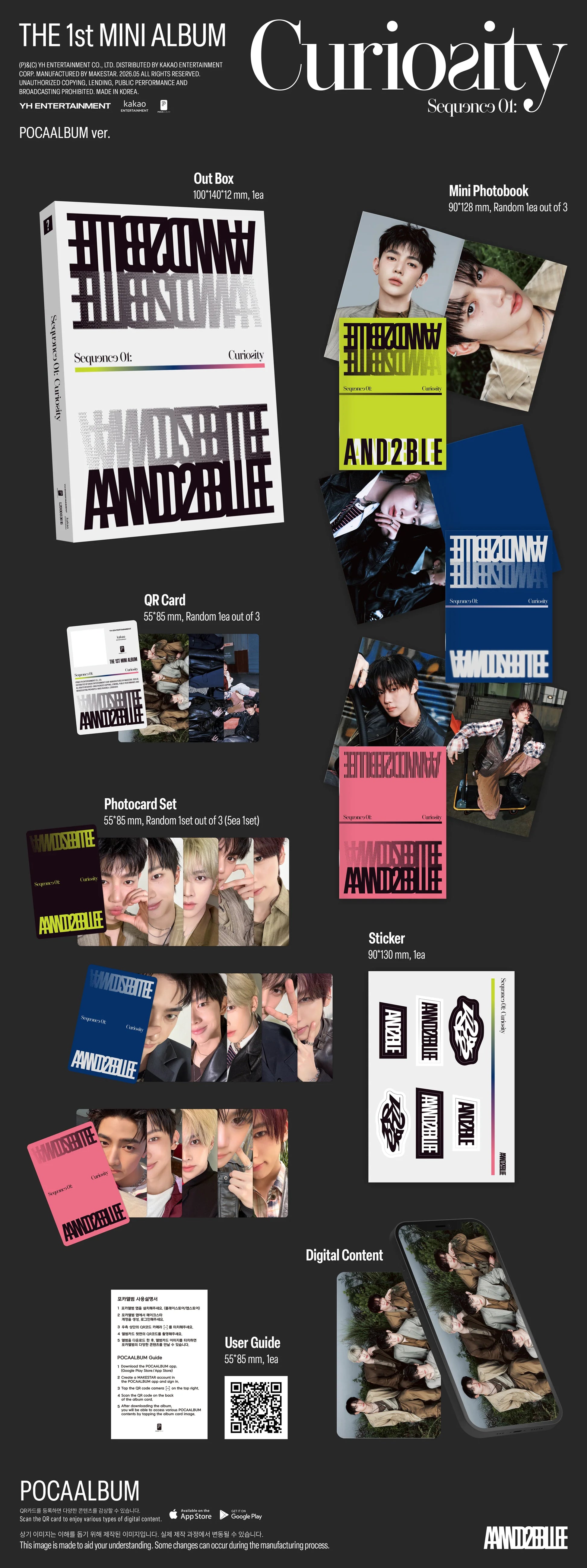 Promotional image of AND2BLE's 1st mini album inclusions with various items