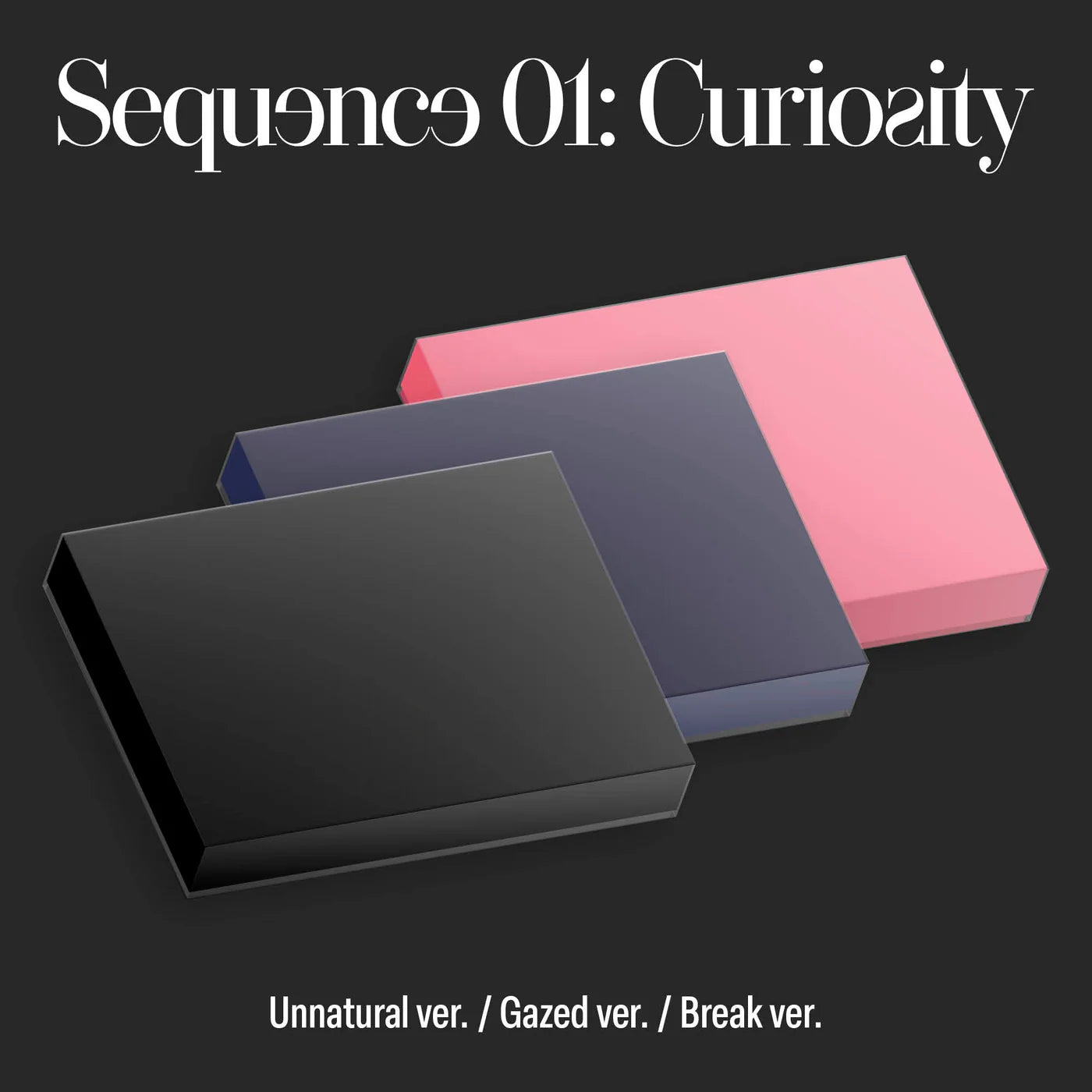 AND2BLE's 1st mini album packaging showing three rectangular boxes in black, blue, and pink on a dark background with text above and below.