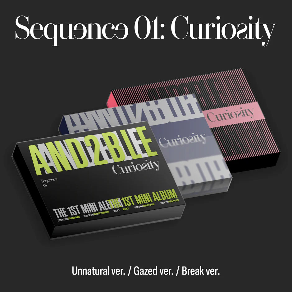 Three 'AND2BLUE Curiosity' album packaging on a dark background with text above.