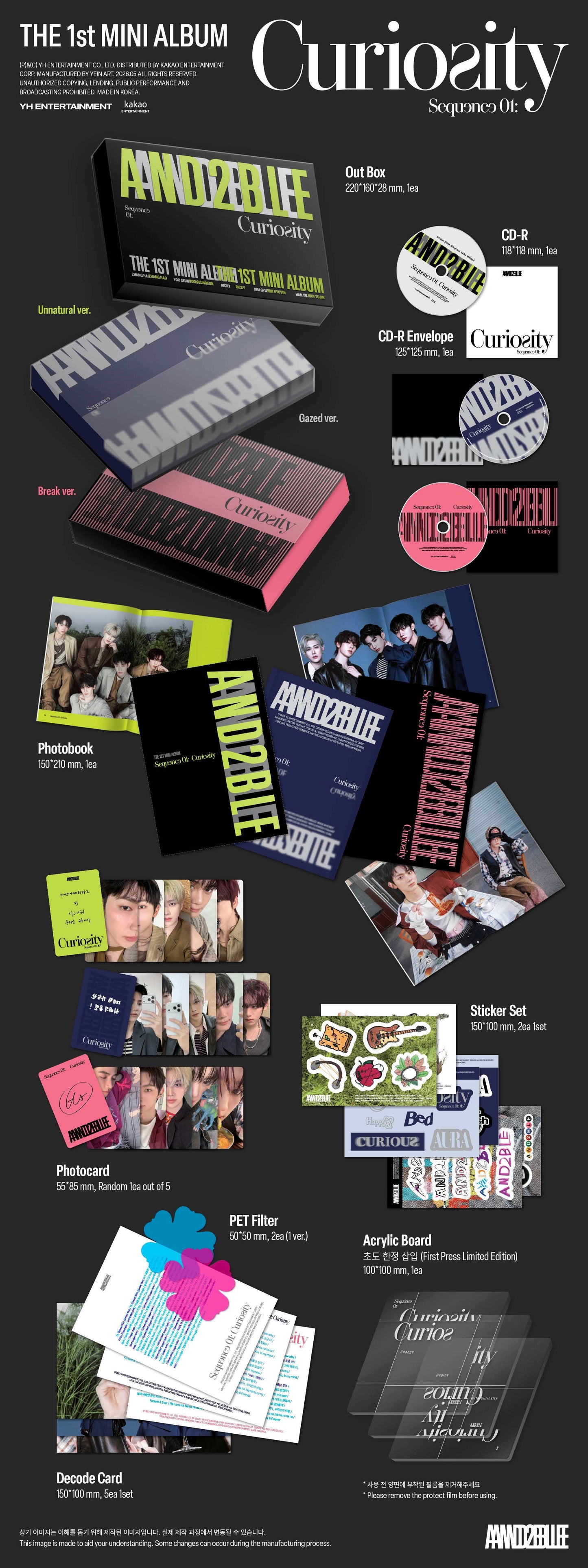Promotional image of AND2BLE's 1st mini album with various items including a photobook, postcards, photocards and stickers.