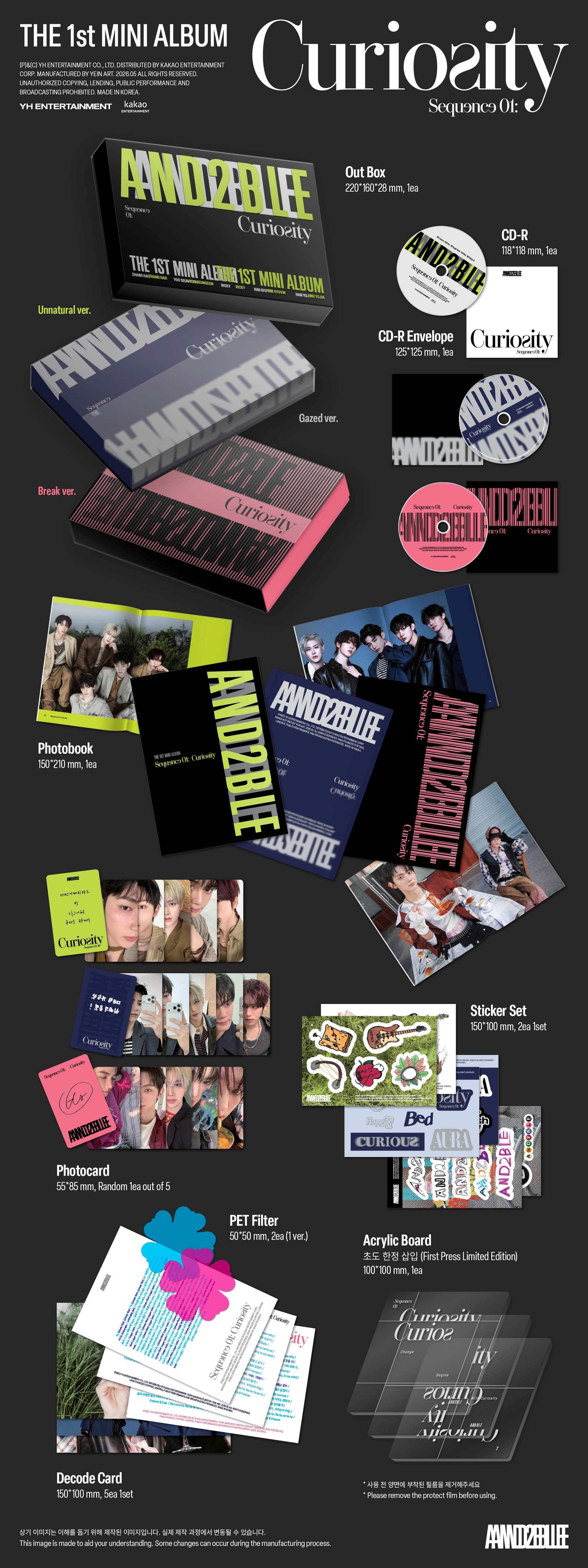 Promotional image of AND2BLE's 1st mini album with various items including a photobook, postcards, photocards and stickers.