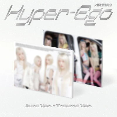 Product packaging mockup for the 'Hyper-Ego' album by ARTMS, featuring 'Aura Ver.' and 'Trauma Ver.'