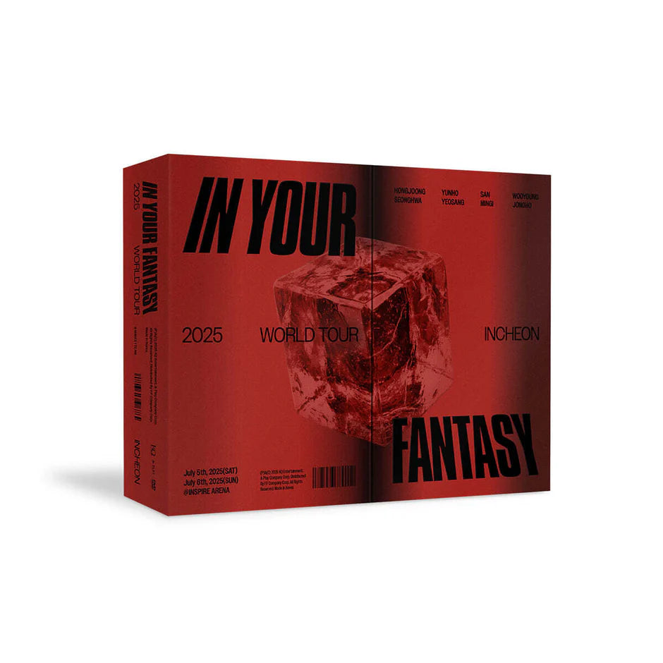 A red concert box set for ATEEZ's 'In Your Fantasy 2025 World Tour' with black text and a central ice cube graphic, shown on a white background.