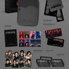 A product collage for the K-pop group ATEEZ's 'In Your Fantasy' world tour, showing the outbox + pouch, play code card, photobook, photocard, sticker, and photo ticket against a dark gray background
