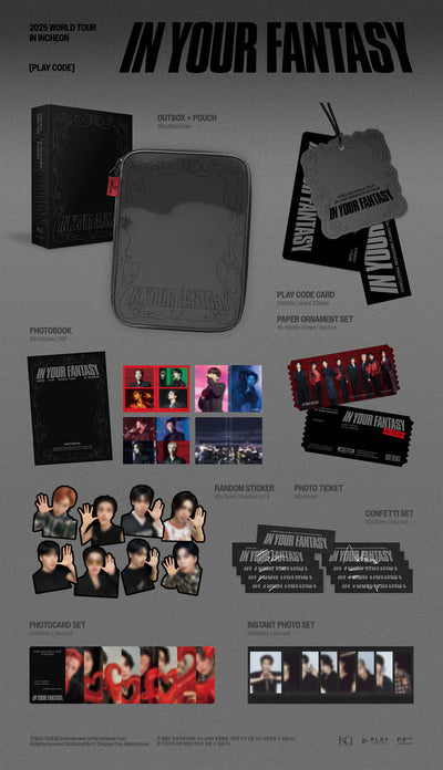 A product collage for the K-pop group ATEEZ's 'In Your Fantasy' world tour, showing the outbox + pouch, play code card, photobook, photocard, sticker, and photo ticket against a dark gray background