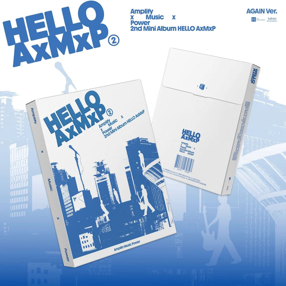 HELLO AXMxP 2 album packaging shown on a blue-and-white graphic background. The front cover features large blue 'HELLO AXMxP' text over a blue cityscape illustration, and the back/second package is mostly white with blue text and a barcode.