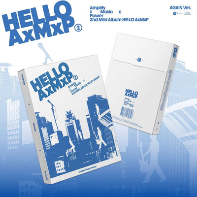 HELLO AXMxP 2 album packaging shown on a blue-and-white graphic background. The front cover features large blue 'HELLO AXMxP' text over a blue cityscape illustration, and the back/second package is mostly white with blue text and a barcode.
