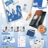 A product inclusion collage for AxMxP's 2nd mini album 'HELLO AxMxP' (again ver.) showing multiple items: CD, postcard book, lyric accordion book, photo cards, card holder, and stamp stickers arranged on a blue graphic background.