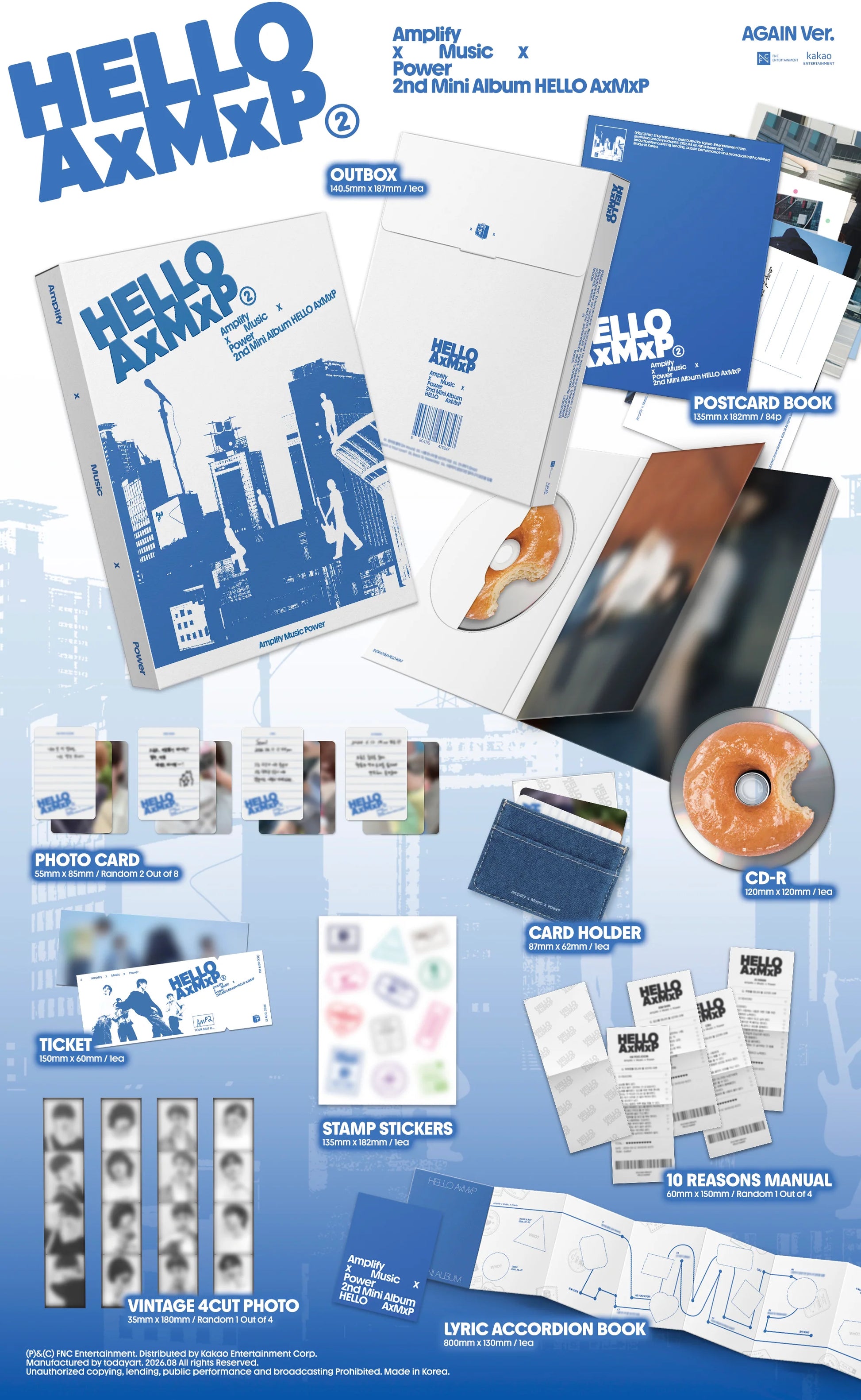 A product inclusion collage for AxMxP's 2nd mini album 'HELLO AxMxP' (again ver.) showing multiple items: CD, postcard book, lyric accordion book, photo cards, card holder, and stamp stickers arranged on a blue graphic background.