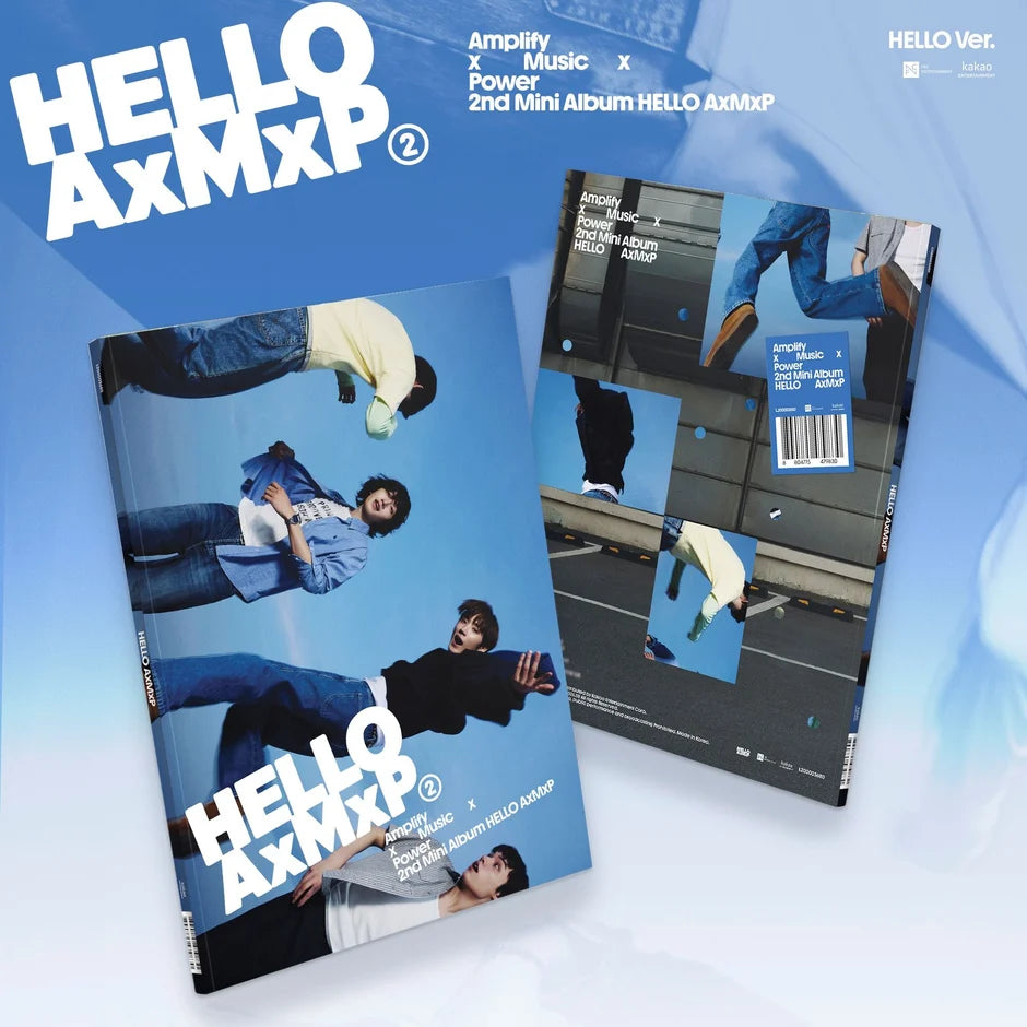 HELLO! AXMXP 2nd Mini Album cover art shown as a physical package featuring multiple stylized photos of the group members against a blue background, with large HELLO! AXMXP branding and text at the bottom