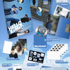 A collage-style product layout for the Hello! AXXMP photo book and CD set, showing multiple included items such as a postcard, metro card, stamp stickers, id picture, poster and photocards on a light blue background.