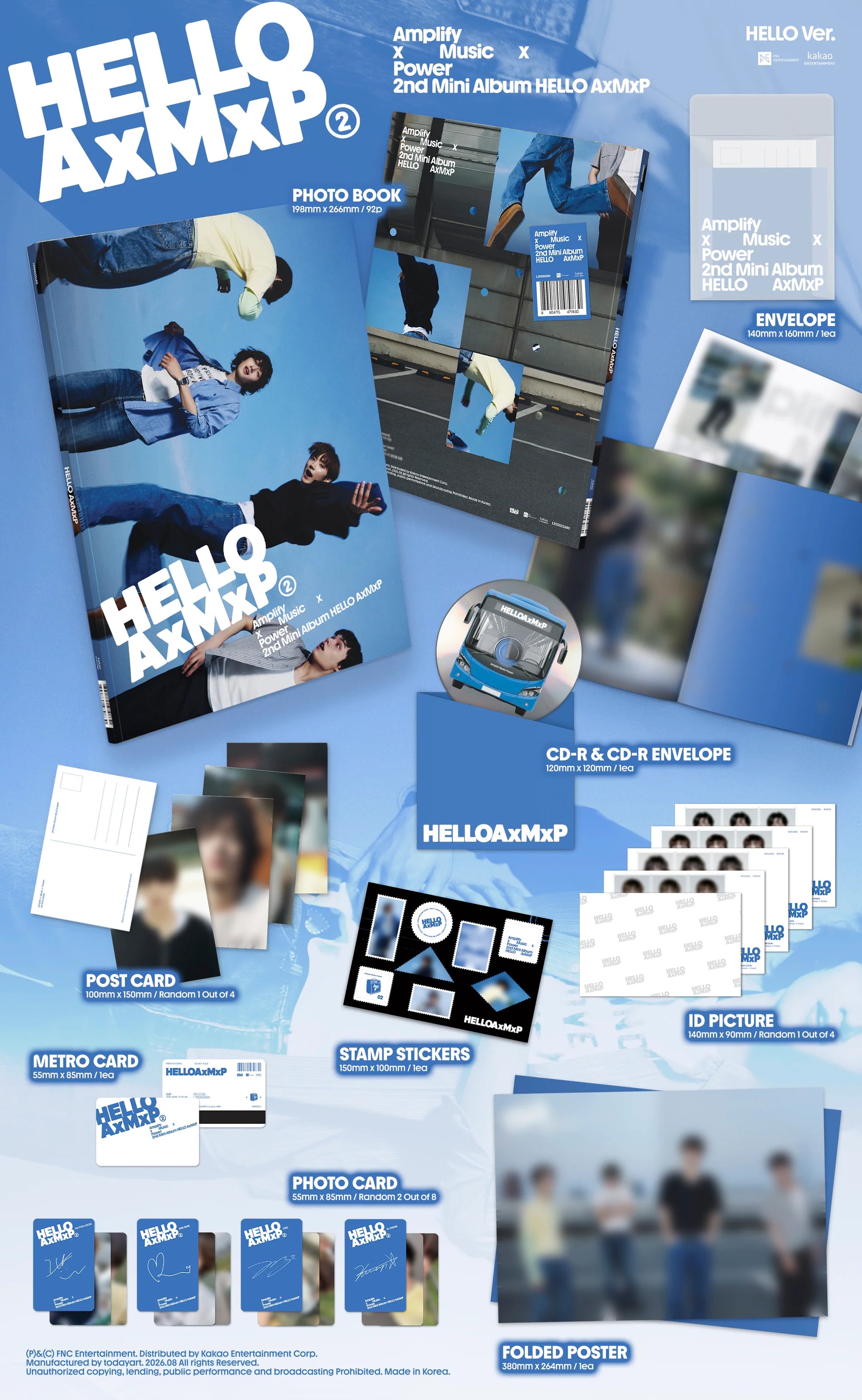 A collage-style product layout for the Hello! AXXMP photo book and CD set, showing multiple included items such as a postcard, metro card, stamp stickers, id picture, poster and photocards on a light blue background.