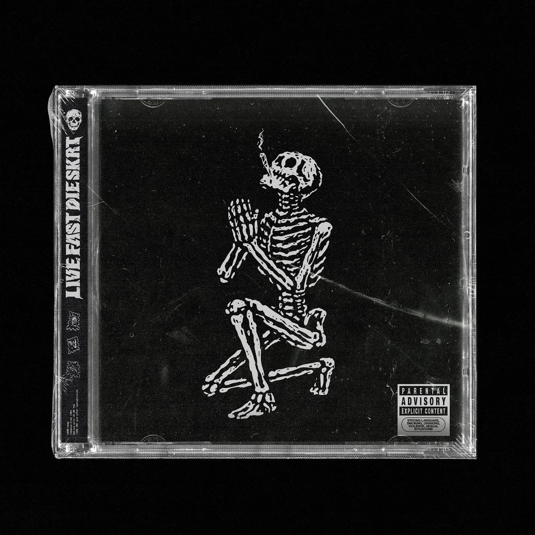 Bill Stax's Live Fast Die Skrt CD case with a skeleton design on a black background